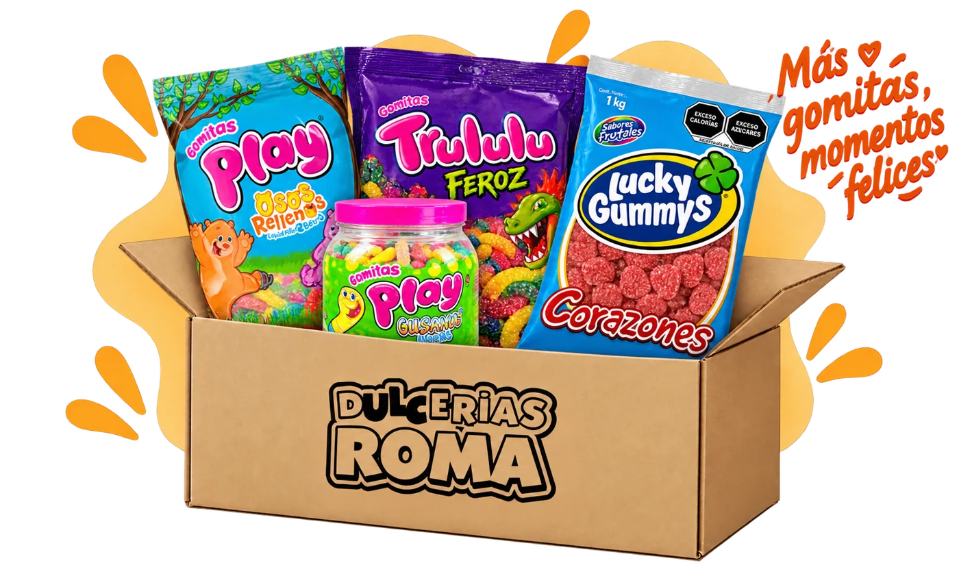 Caja ilustrativa de gomitas de Dulcerías Roma